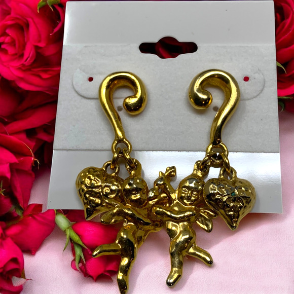 Vintage 1980s Gold Tone Cherub Heart Pierced Dangle Earrings Valentine Romantic - Picture 5 of 5